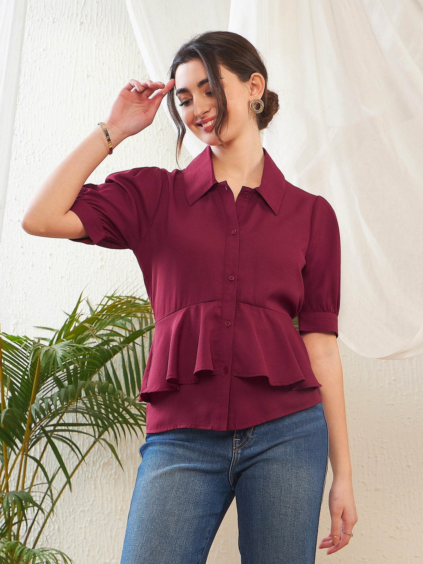 Maroon Frill Detail Shirt Style Blouse