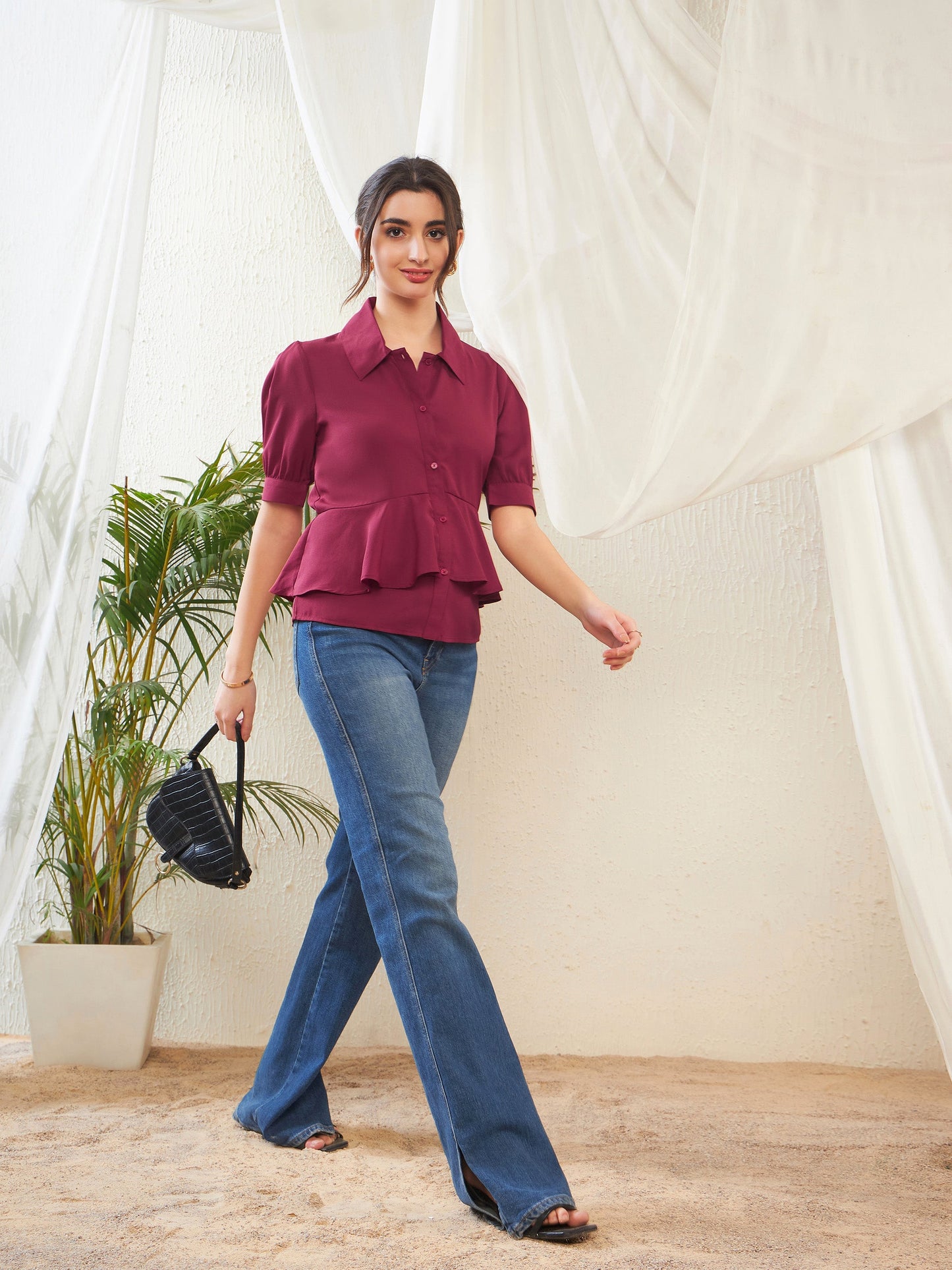 Maroon Frill Detail Shirt Style Blouse
