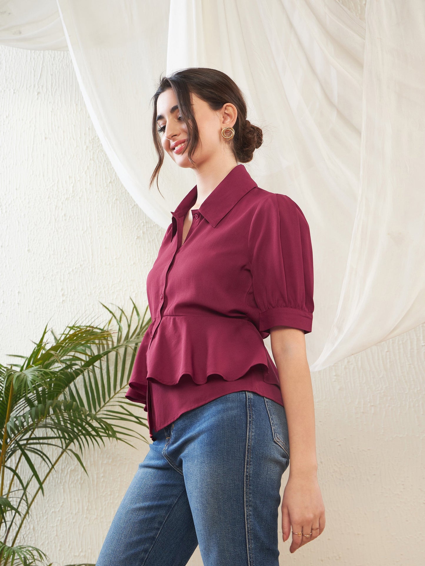 Maroon Frill Detail Shirt Style Blouse