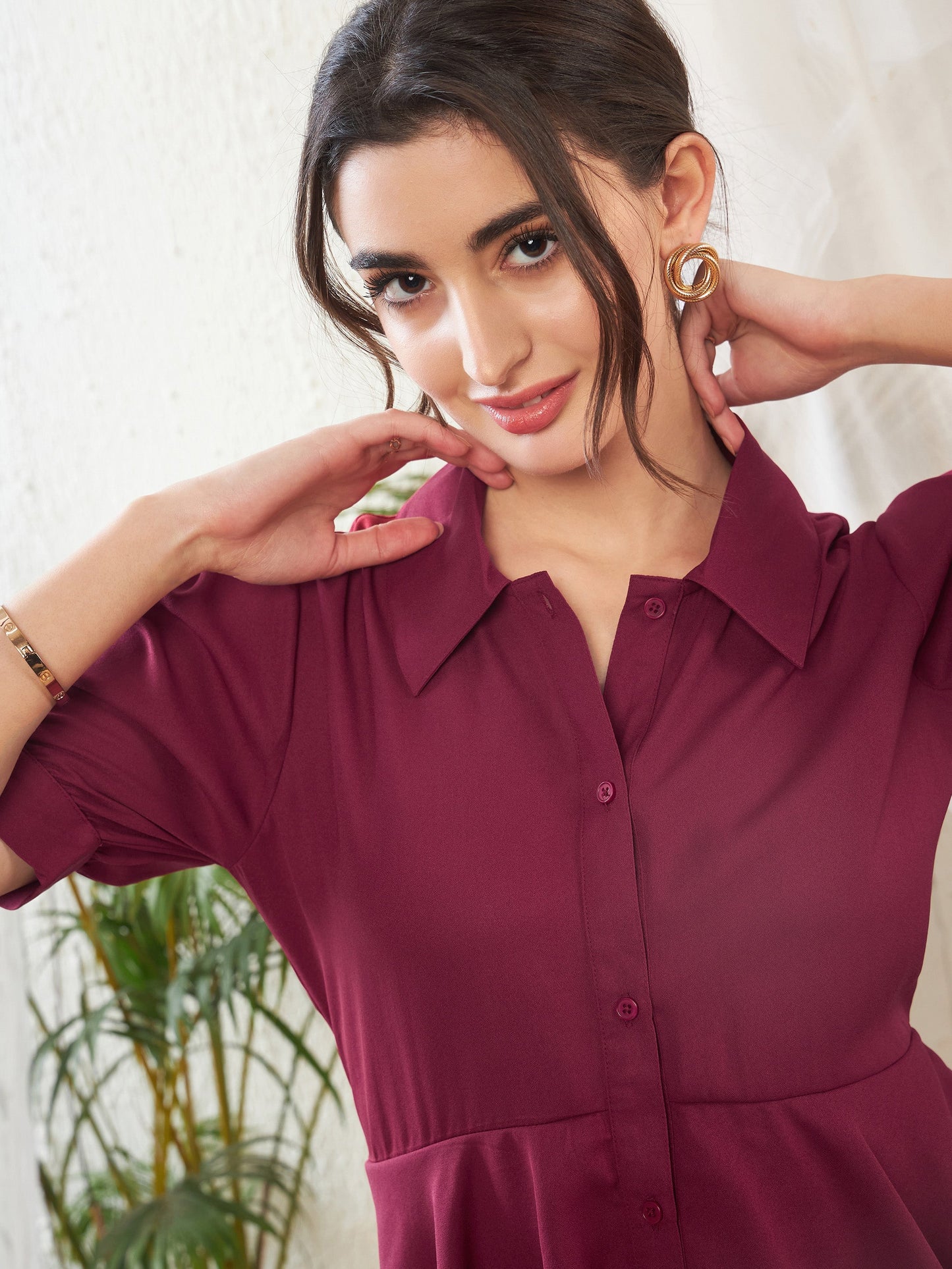 Maroon Frill Detail Shirt Style Blouse