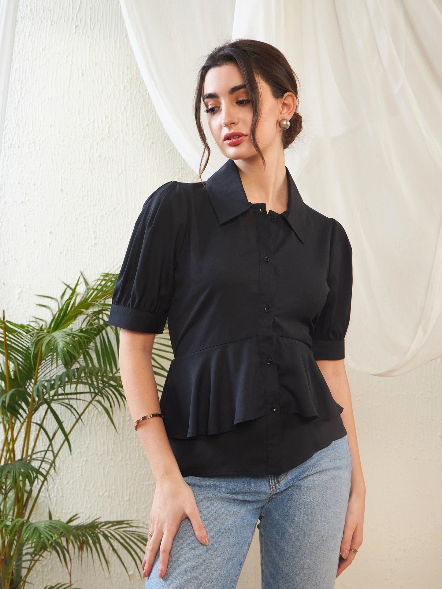 Black Frill Detail Shirt Style Blouse
