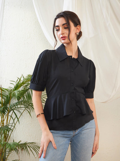 Black Frill Detail Shirt Style Blouse