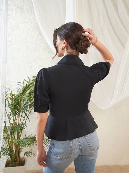 Black Frill Detail Shirt Style Blouse