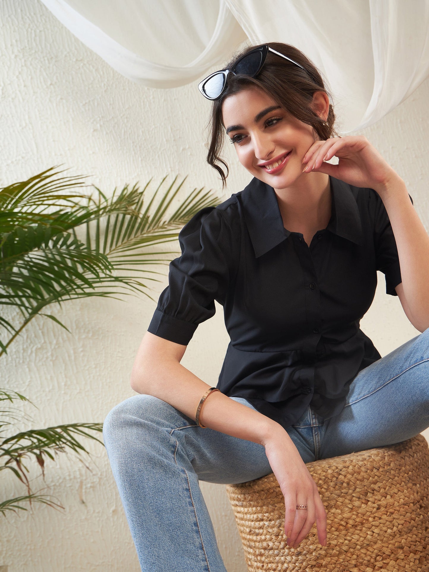 Black Frill Detail Shirt Style Blouse