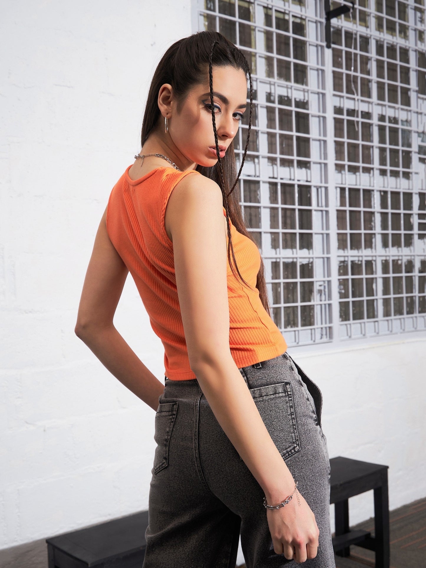 Orange Rib Sweetheart Neck Top