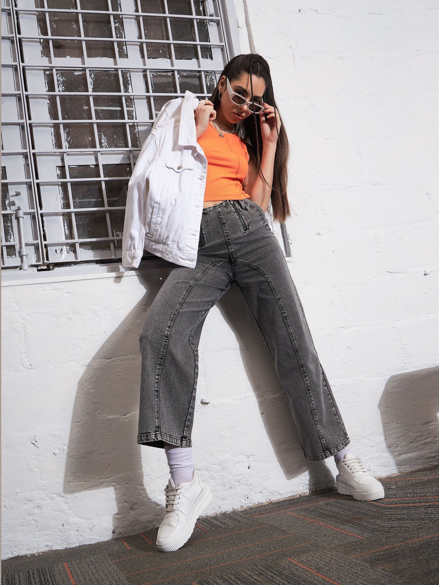 Orange Rib Sweetheart Neck Top