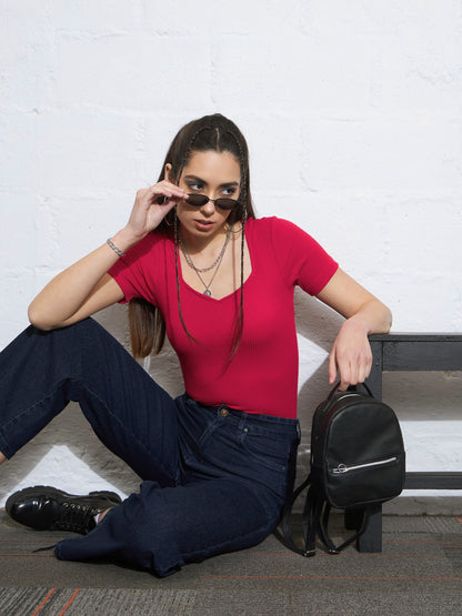 Women Red Rib Back Cut Out Top