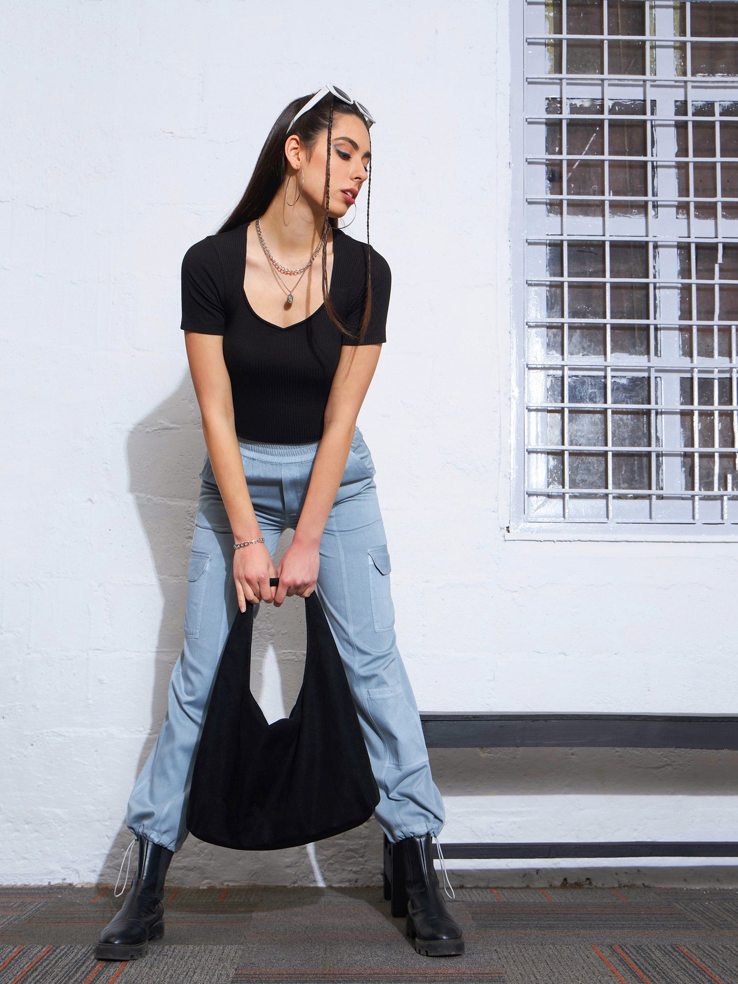 Women Black Rib Back Cut Out Top