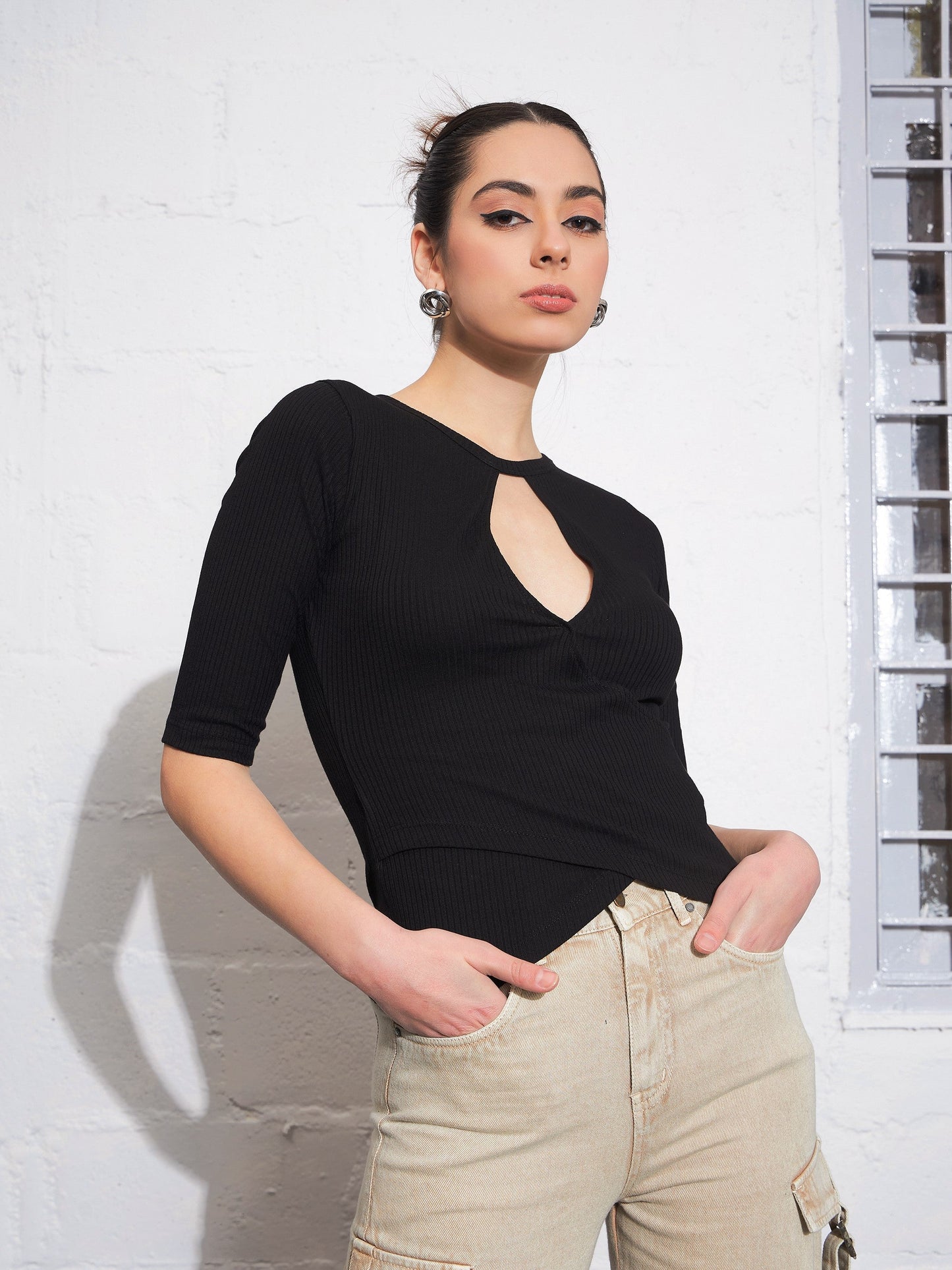 Black Rib Keyhole Neck Top