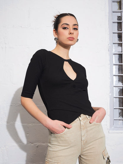Black Rib Keyhole Neck Top