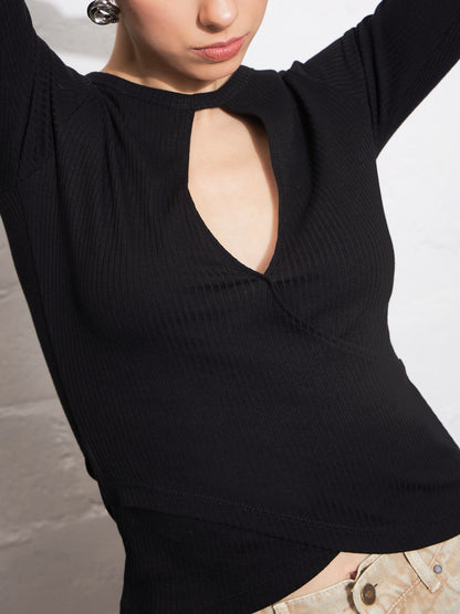 Black Rib Keyhole Neck Top