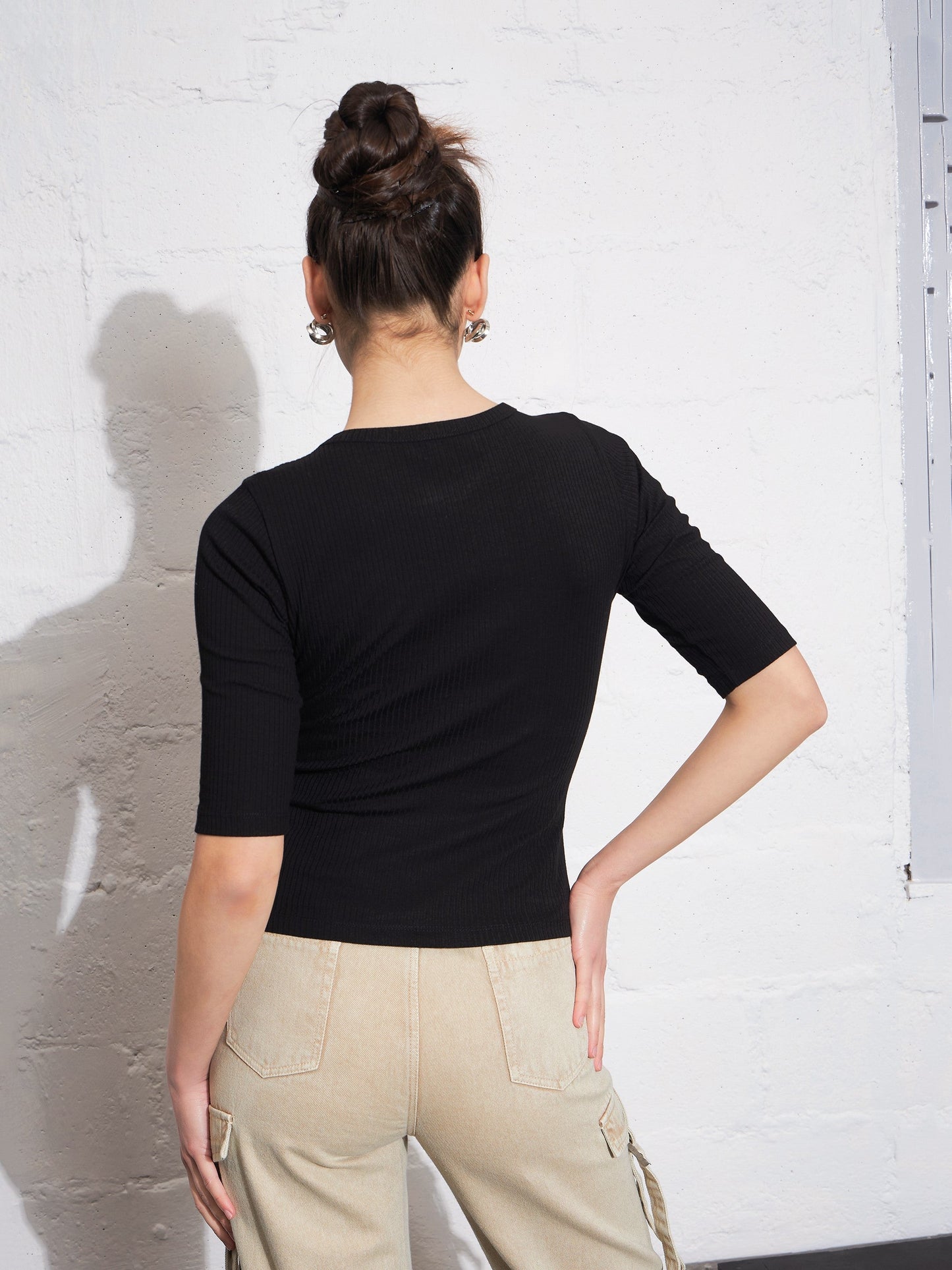 Black Rib Keyhole Neck Top