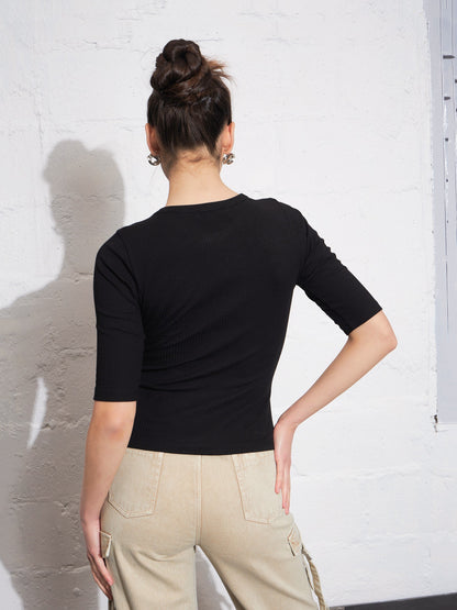Black Rib Keyhole Neck Top