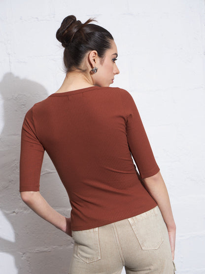 Women Rust Rib Keyhole Neck Top