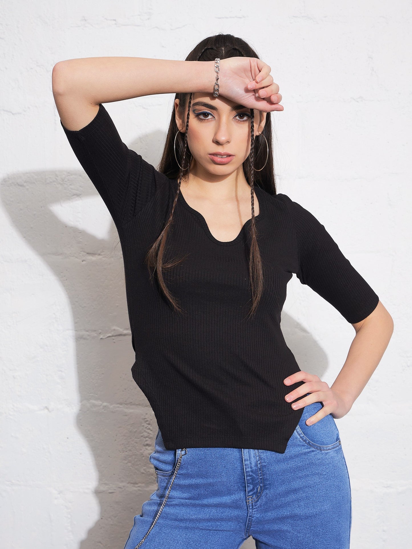Black Rib Sweetheart Neck Shaped Hem Top