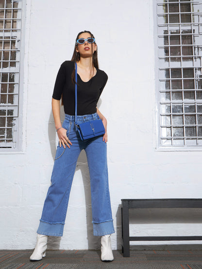 Black Rib Sweetheart Neck Shaped Hem Top