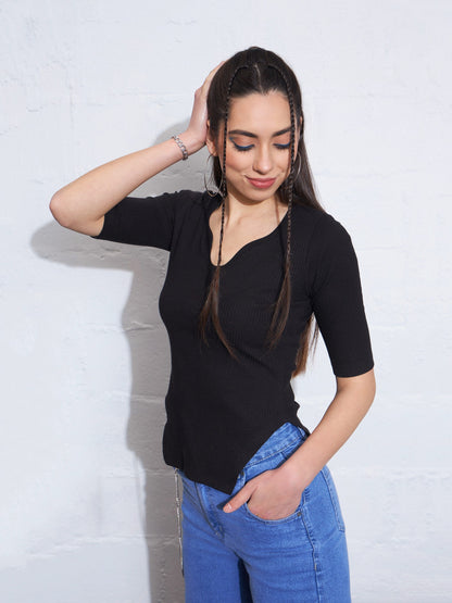 Black Rib Sweetheart Neck Shaped Hem Top