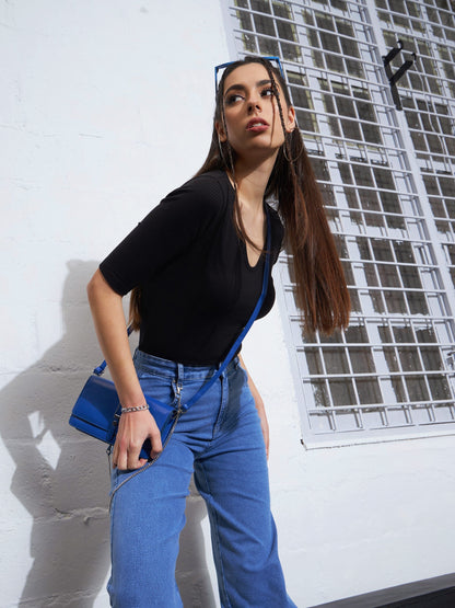 Black Rib Sweetheart Neck Shaped Hem Top