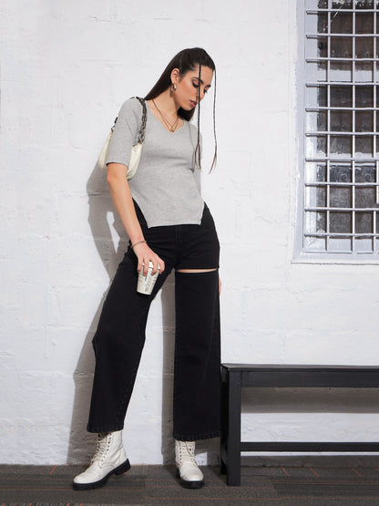 Grey Melange Sweetheart Neck Shaped Hem Top