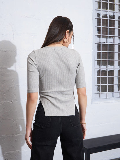 Grey Melange Sweetheart Neck Shaped Hem Top
