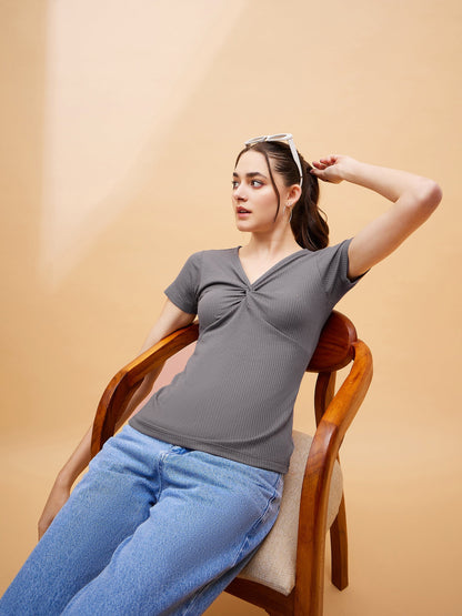 Grey Rib Twisted Neck Top