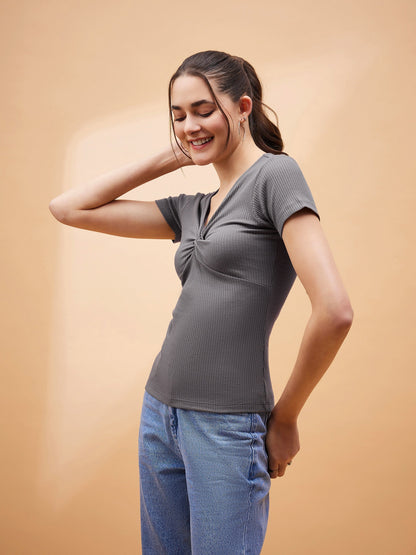 Grey Rib Twisted Neck Top