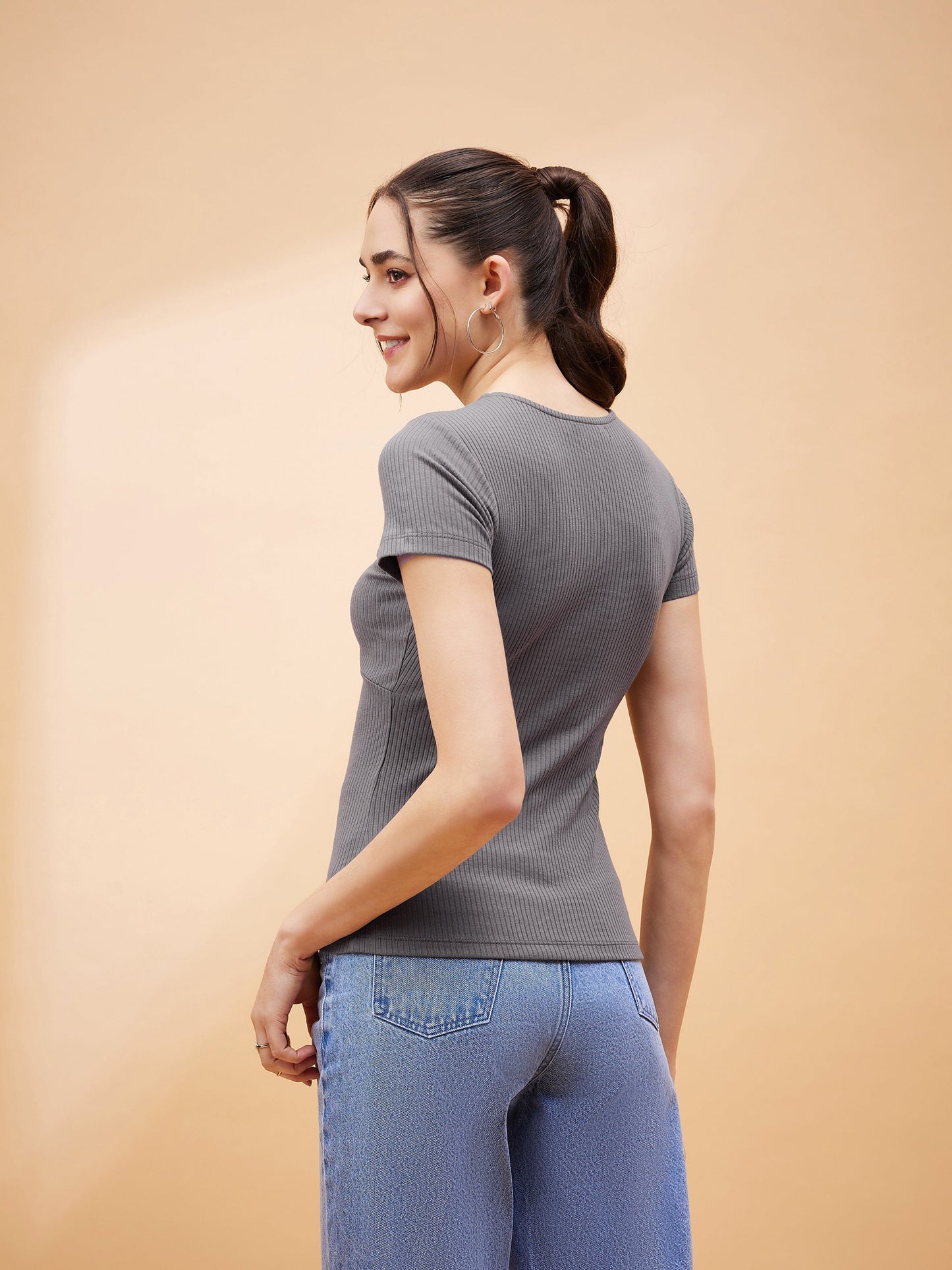 Grey Rib Twisted Neck Top