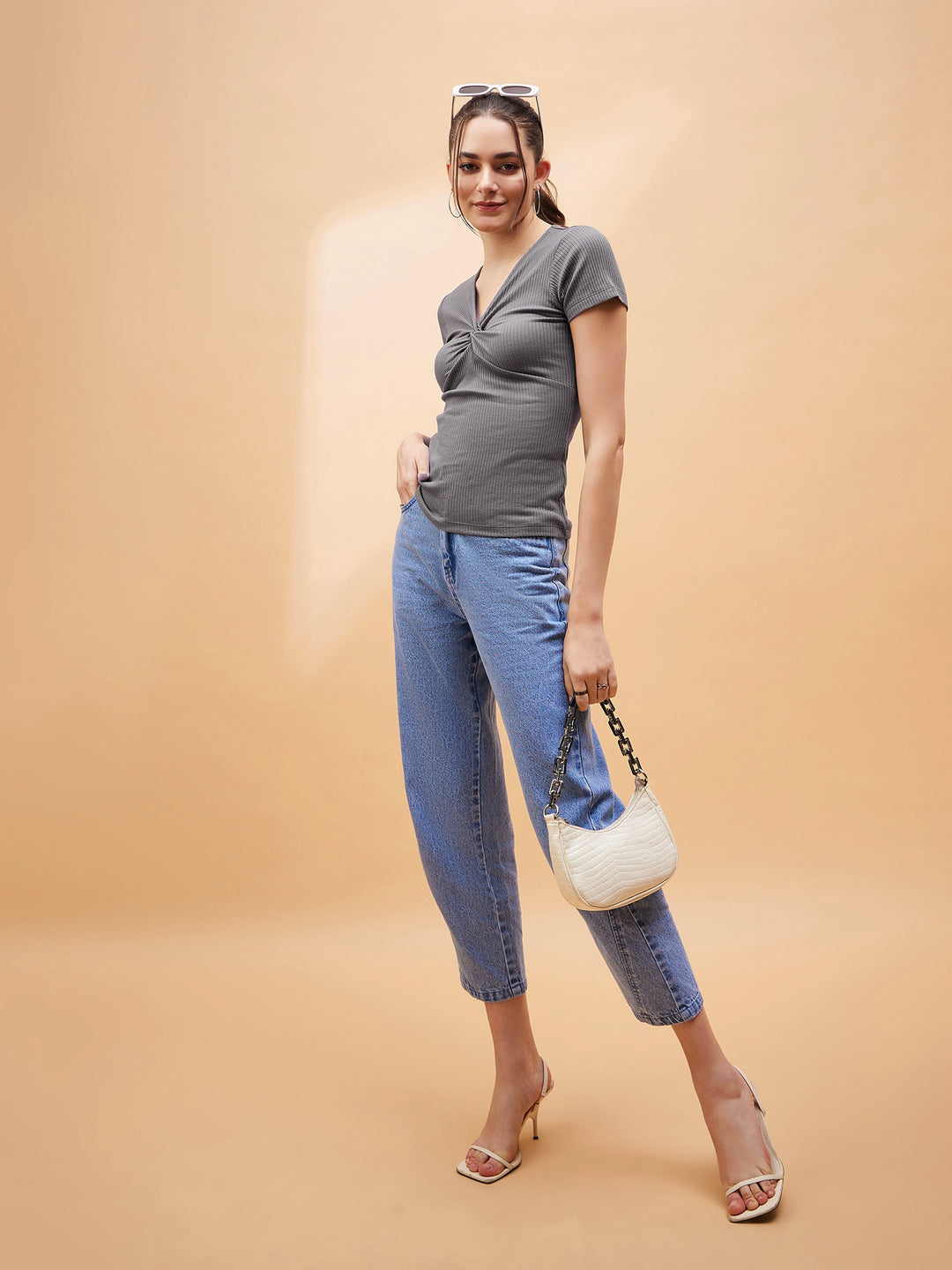 Grey Rib Twisted Neck Top