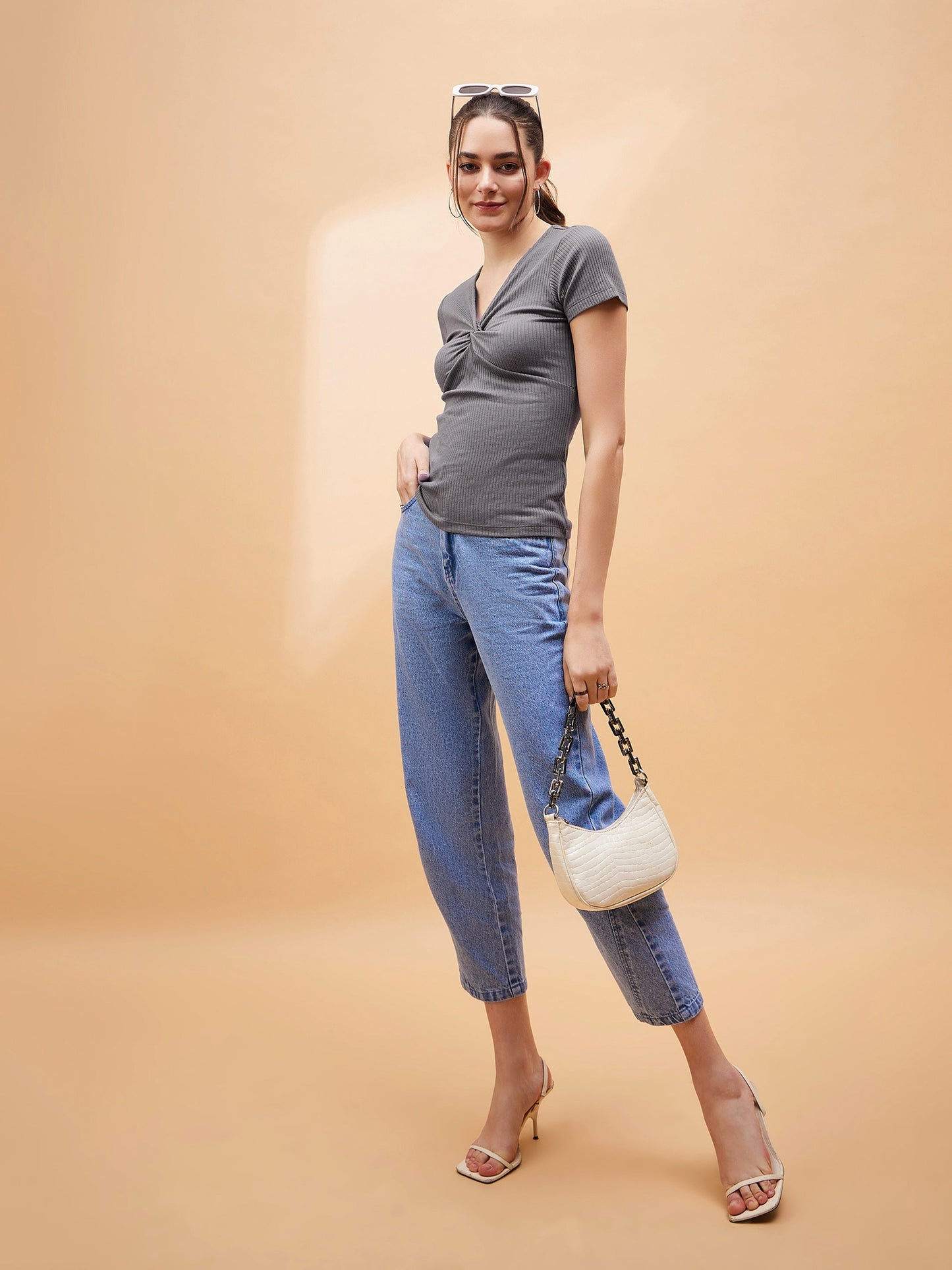 Grey Rib Twisted Neck Top