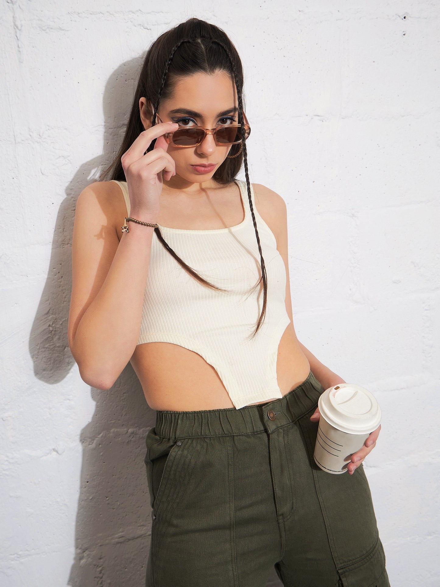 Off-White Rib High Low Hem Crop Top