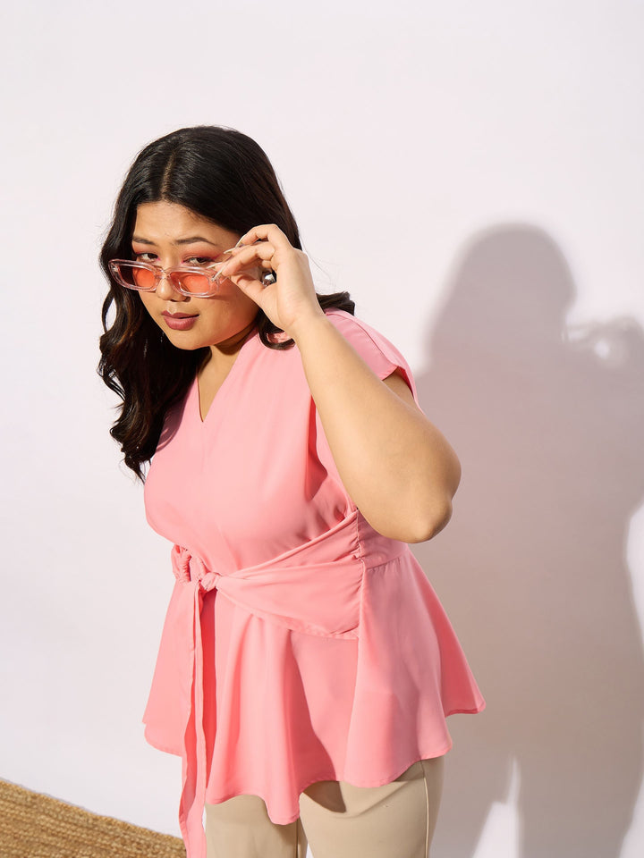 Peach Front Knot Peplum Top-SASSAFRAS Curve