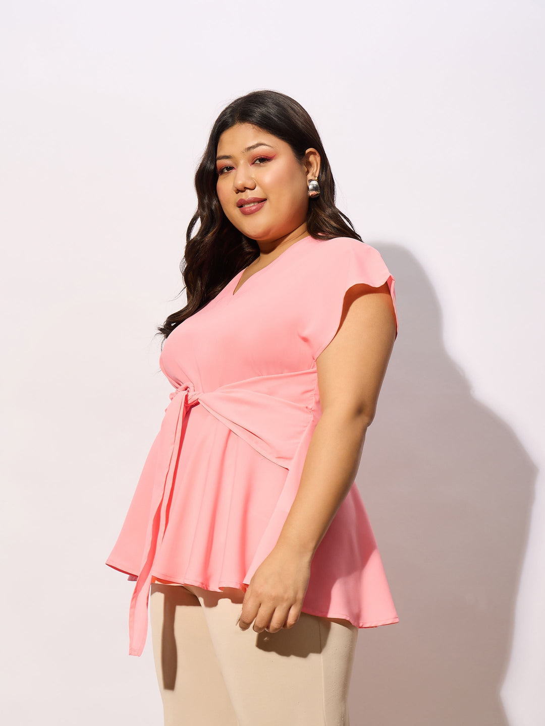 Peach Front Knot Peplum Top-SASSAFRAS Curve