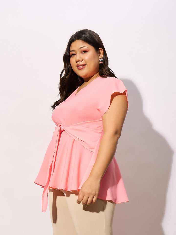 Peach Front Knot Peplum Top-SASSAFRAS Curve