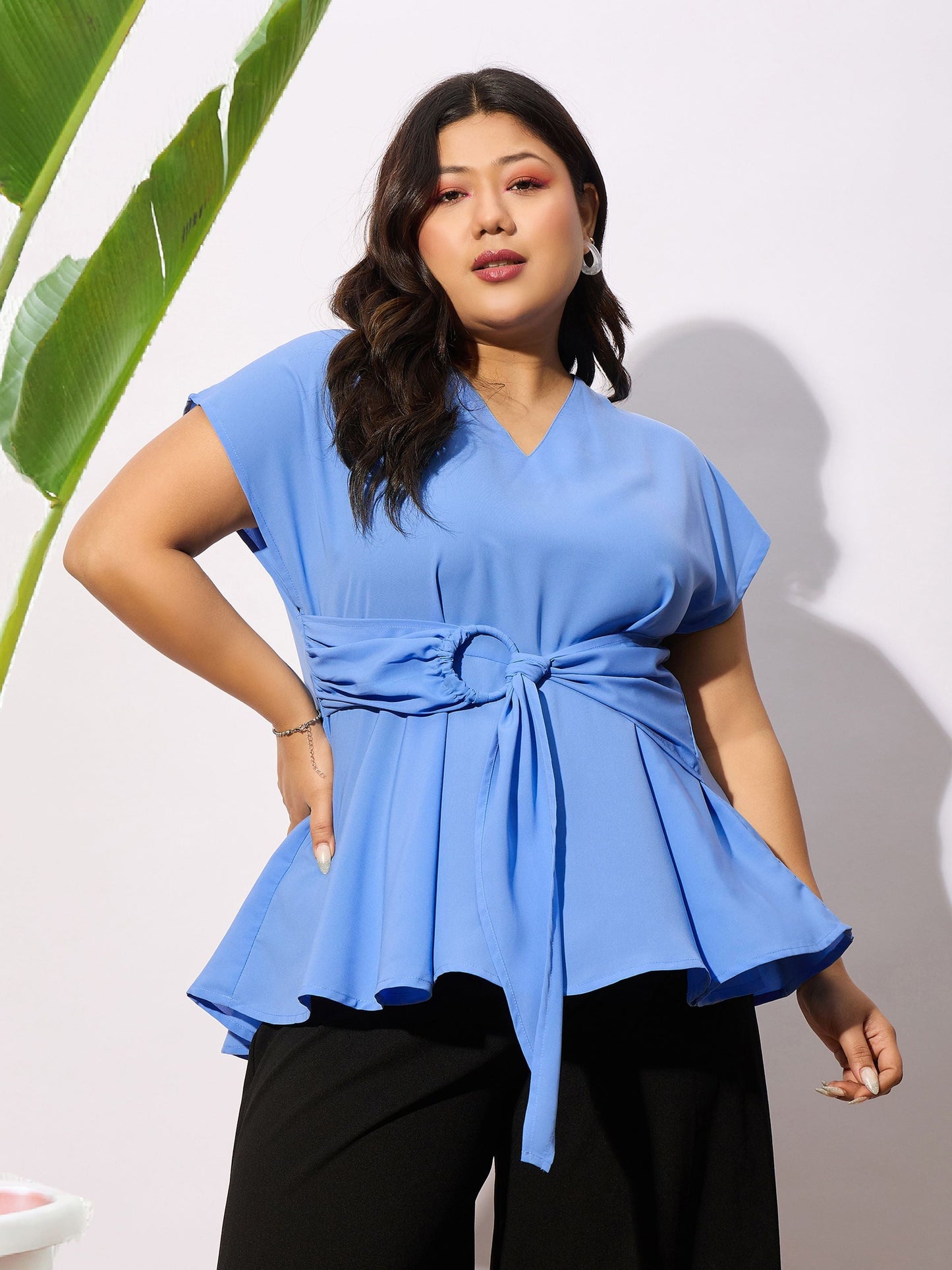 Blue Front Knot Peplum Top