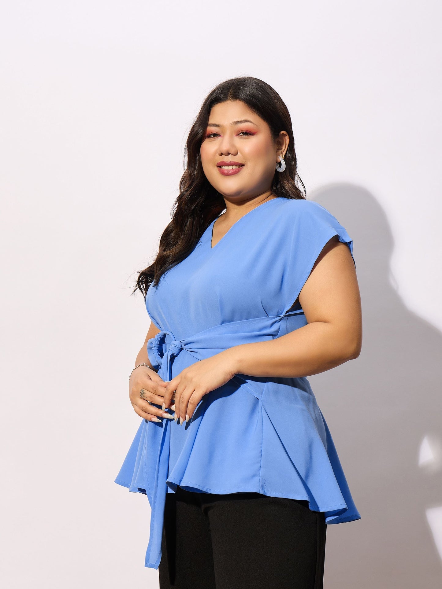 Blue Front Knot Peplum Top