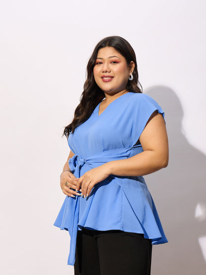 Blue Front Knot Peplum Top
