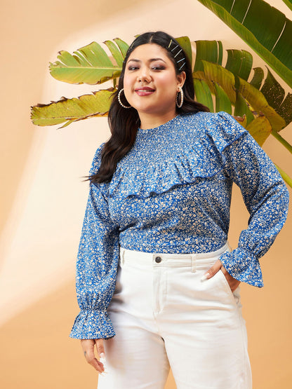 Blue Floral Smocking Detail Frill Top