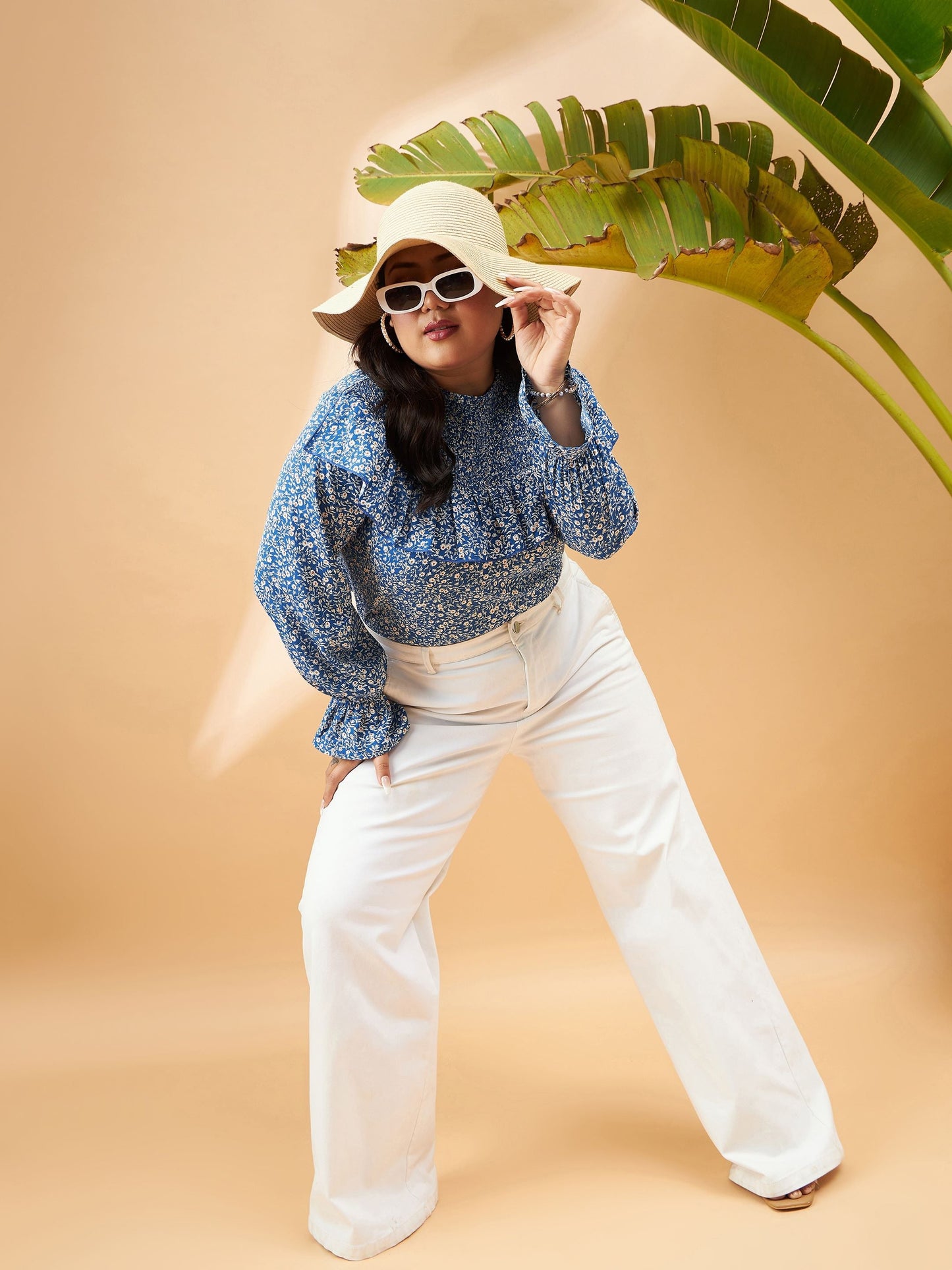 Blue Floral Smocking Detail Frill Top