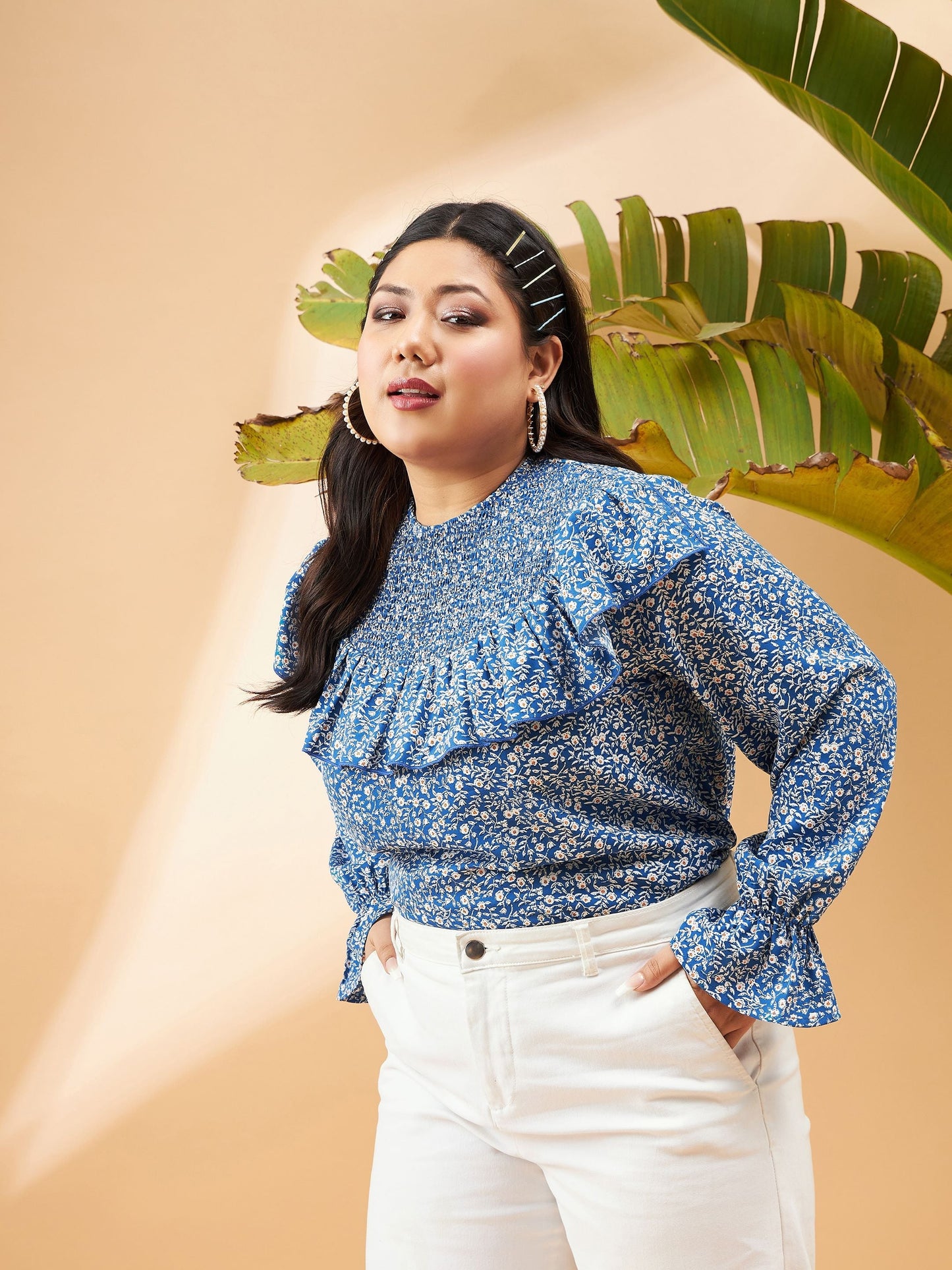 Blue Floral Smocking Detail Frill Top