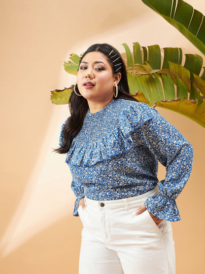 Blue Floral Smocking Detail Frill Top