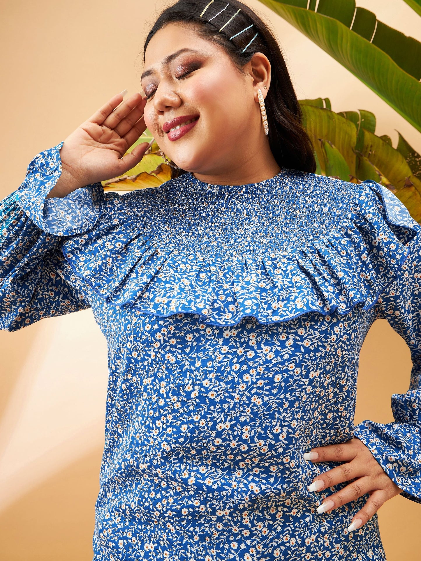 Blue Floral Smocking Detail Frill Top