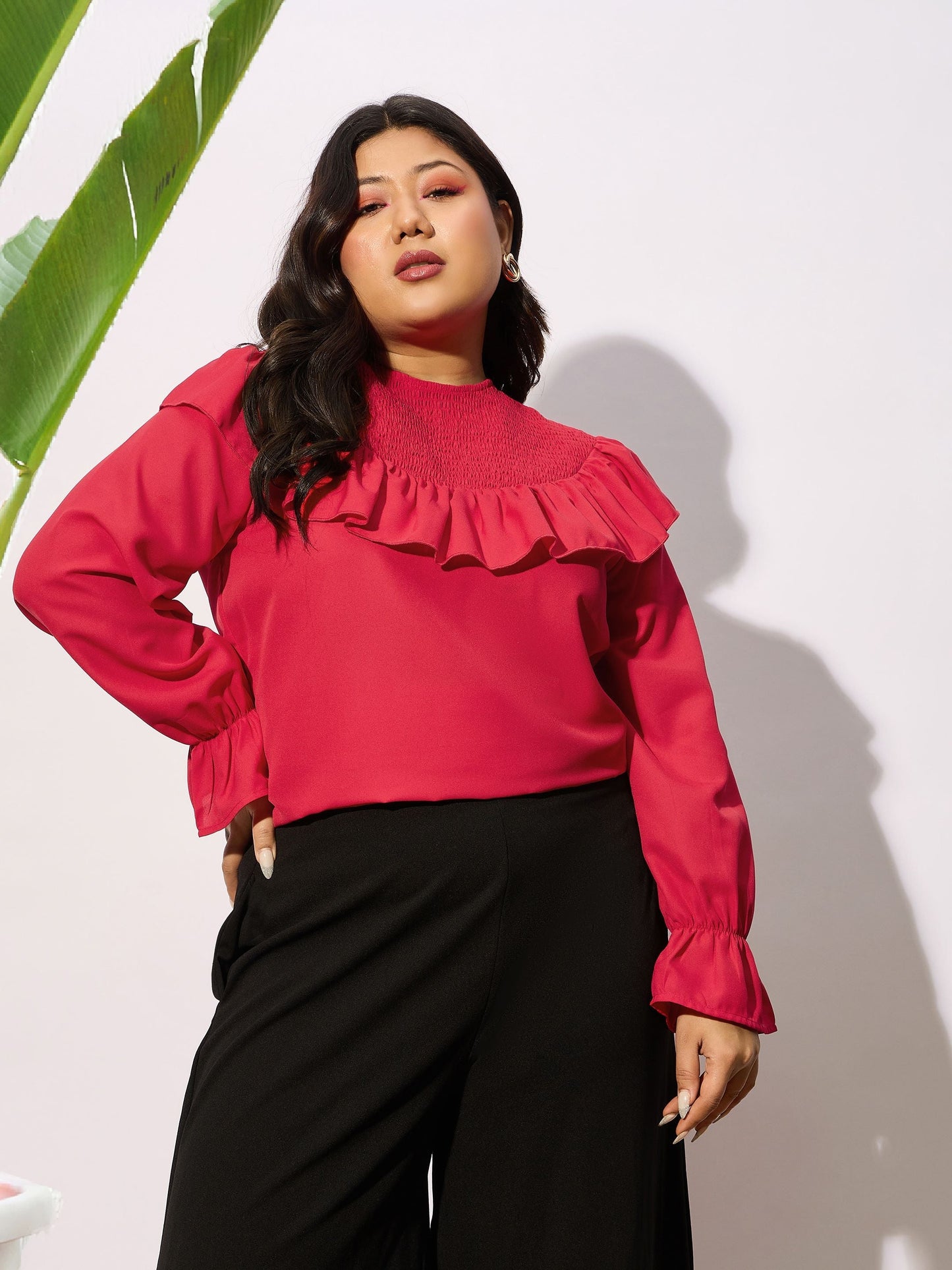 Red Smocking Detail Frill Top