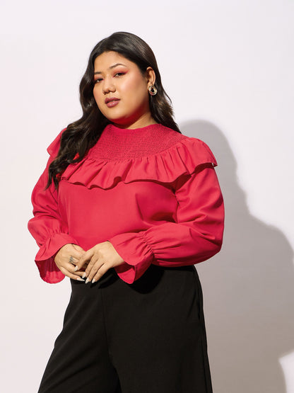 Red Smocking Detail Frill Top