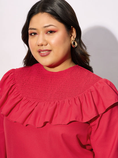 Red Smocking Detail Frill Top