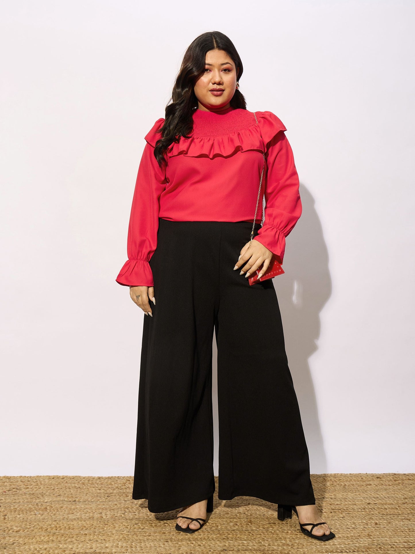 Red Smocking Detail Frill Top