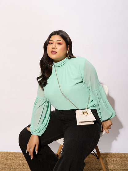 Sea Green Balloon Sleeves Top
