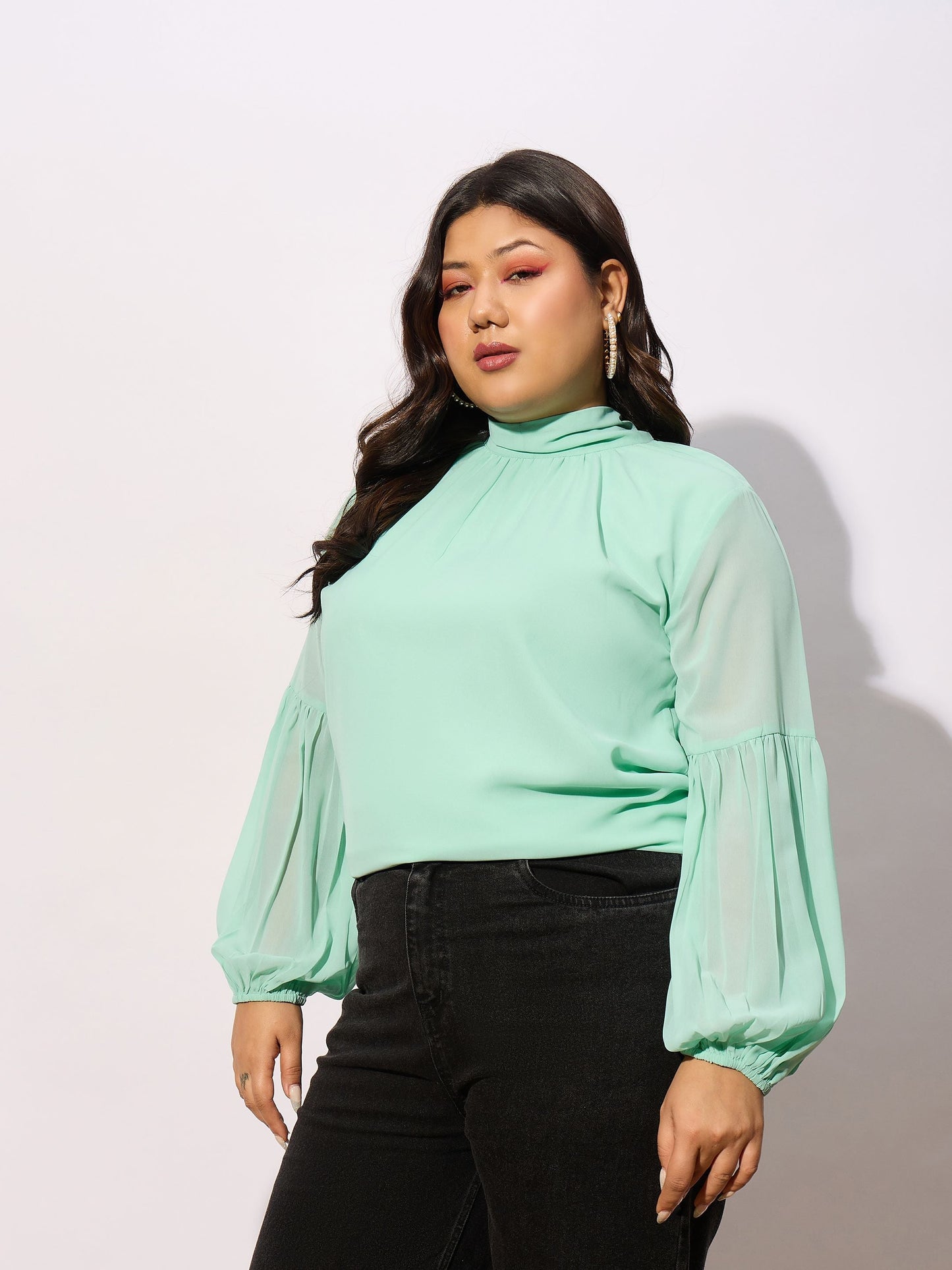 Sea Green Balloon Sleeves Top