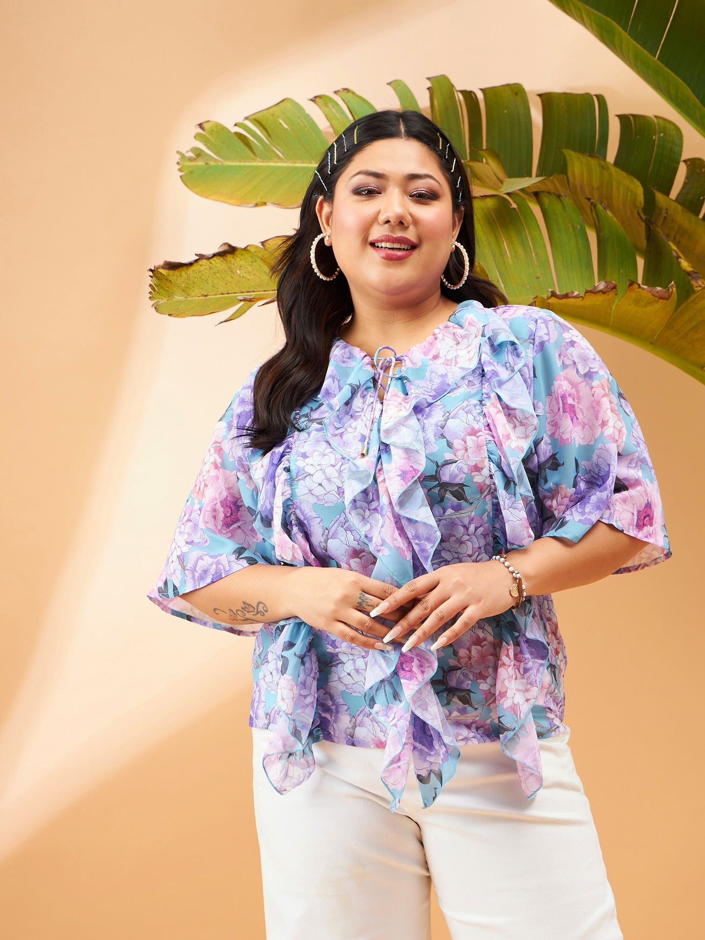 Blue Floral Front Tie-Neck Ruffle Top