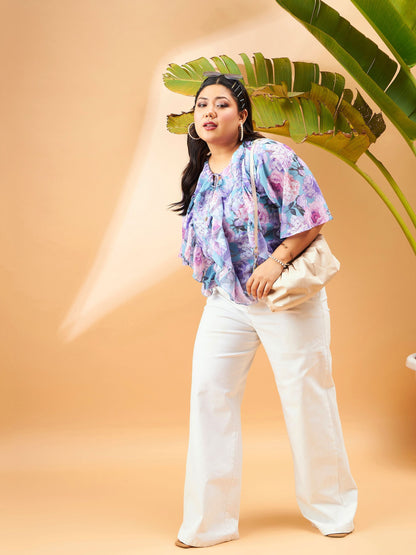 Blue Floral Front Tie-Neck Ruffle Top