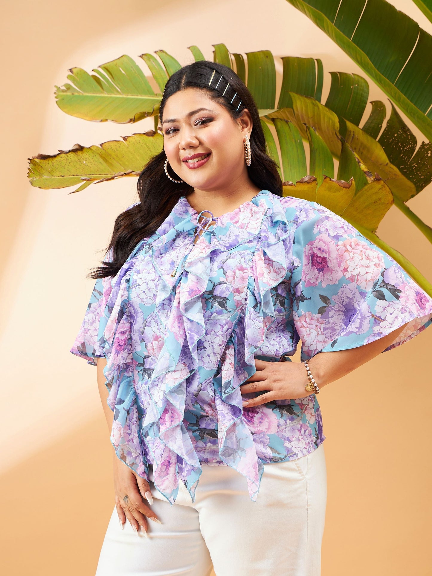 Blue Floral Front Tie-Neck Ruffle Top